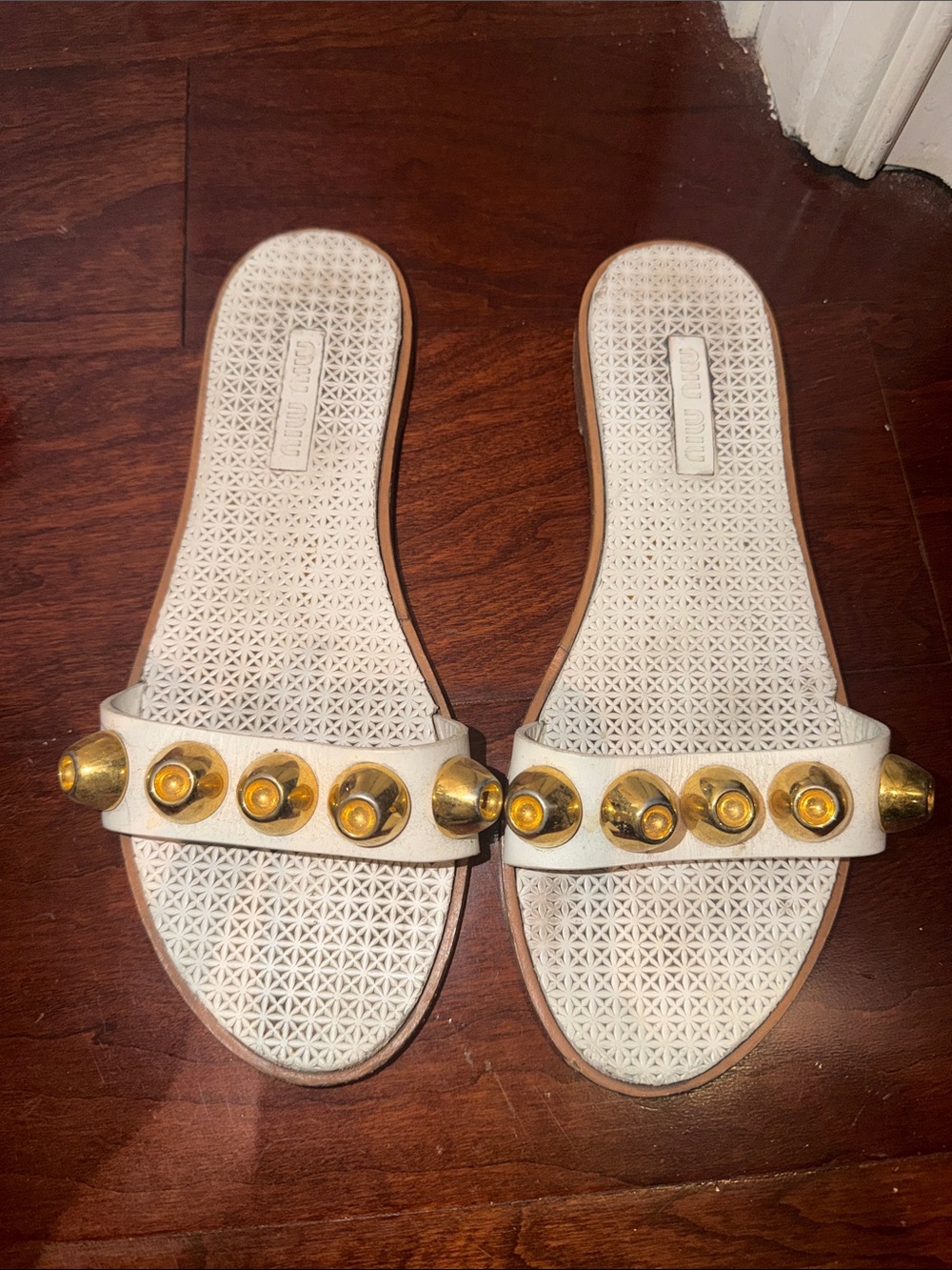 MIU MIU SIZE 38 White Slide Sandals with Gold Stud Accents